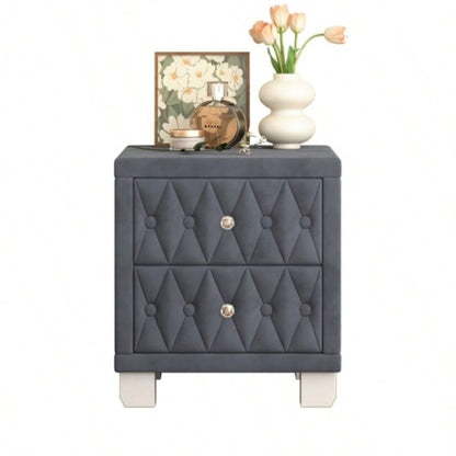 Elegant Velvet Nightstand with 2 Drawers and Handle, Storage Bedside Table with Button - Tufted,