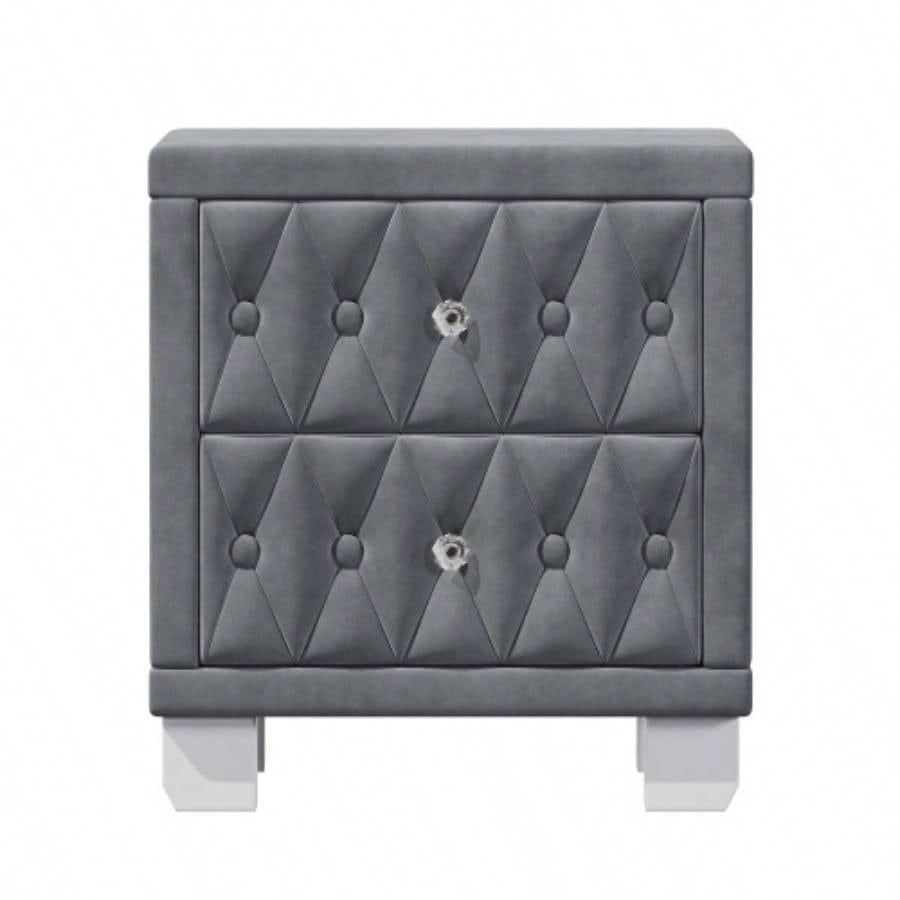 Elegant Velvet Nightstand with 2 Drawers and Handle, Storage Bedside Table with Button - Tufted,