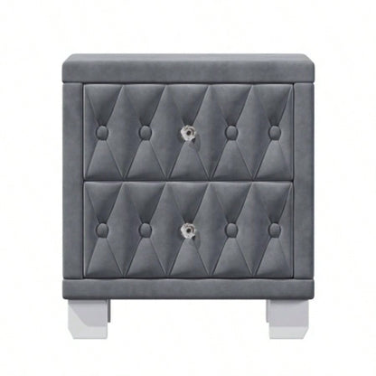 Elegant Velvet Nightstand with 2 Drawers and Handle, Storage Bedside Table with Button - Tufted,