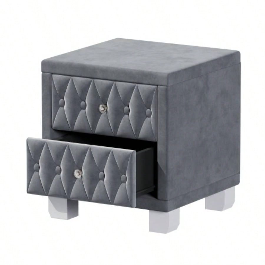 Elegant Velvet Nightstand with 2 Drawers and Handle, Storage Bedside Table with Button - Tufted,