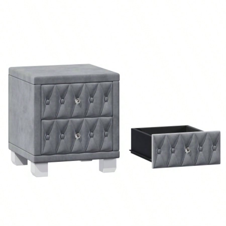 Elegant Velvet Nightstand with 2 Drawers and Handle, Storage Bedside Table with Button - Tufted,