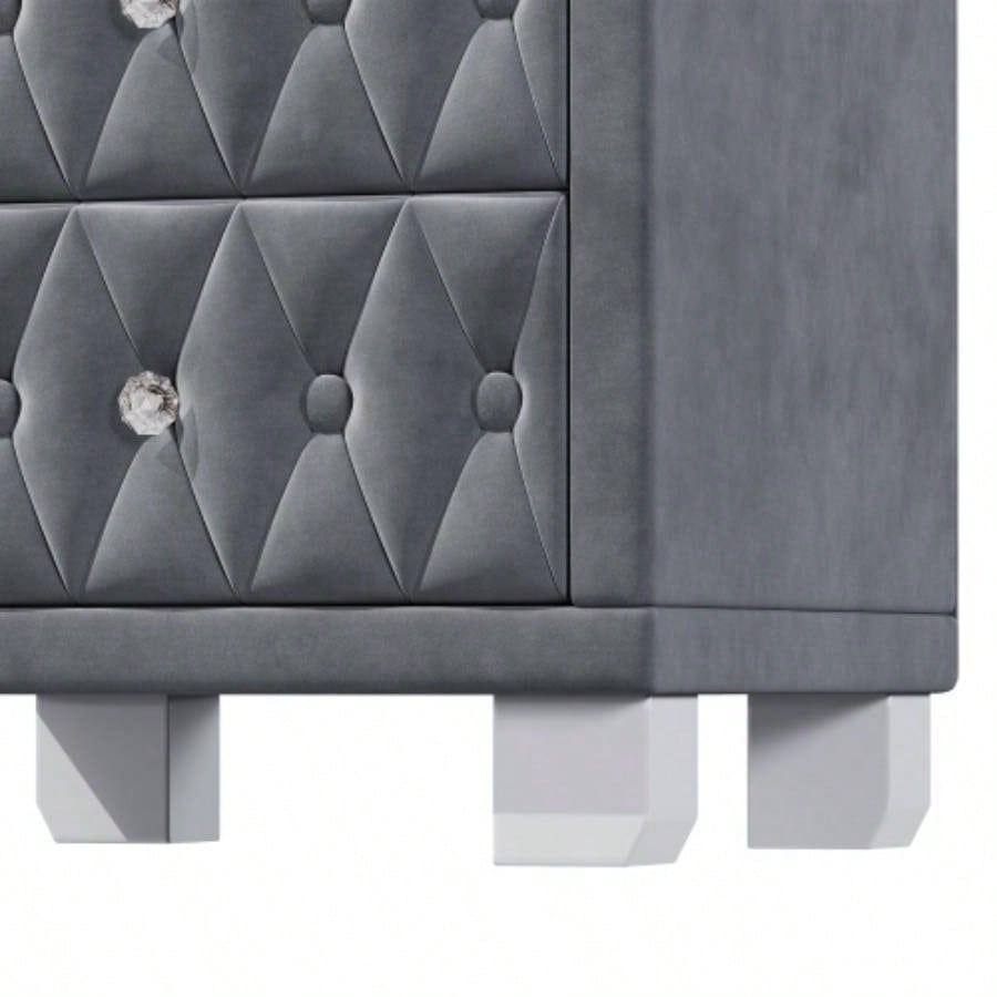 Elegant Velvet Nightstand with 2 Drawers and Handle, Storage Bedside Table with Button - Tufted,
