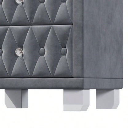 Elegant Velvet Nightstand with 2 Drawers and Handle, Storage Bedside Table with Button - Tufted,