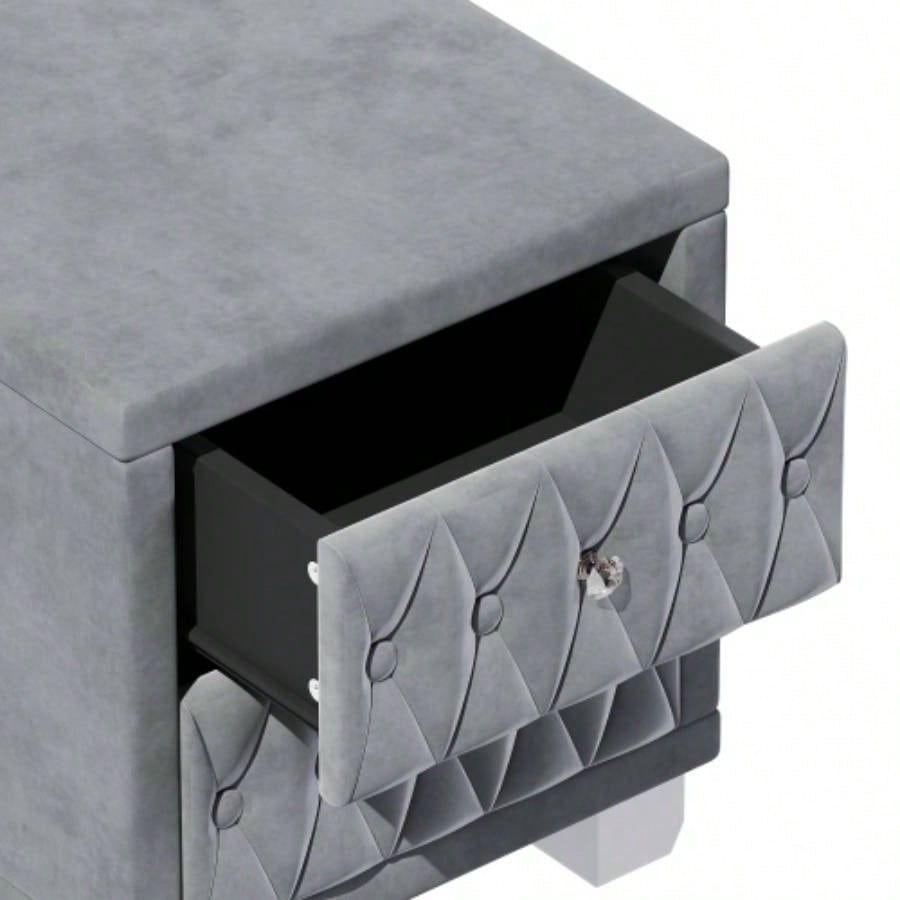 Elegant Velvet Nightstand with 2 Drawers and Handle, Storage Bedside Table with Button - Tufted,