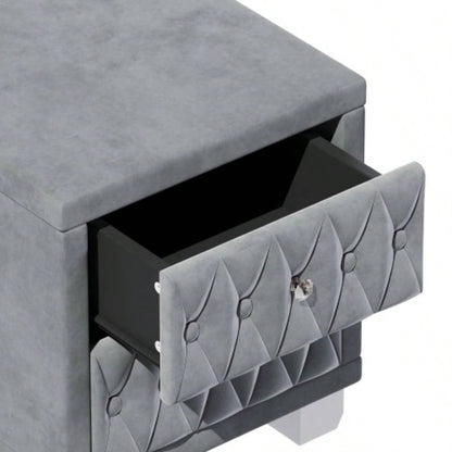 Elegant Velvet Nightstand with 2 Drawers and Handle, Storage Bedside Table with Button - Tufted,