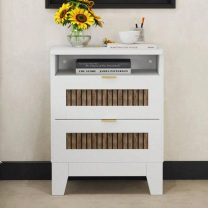 2 - Drawer Farmhouse Wooden Nightstand with Wooden Strip Stickers Decoration and Metal Handle, Wood Side Table with Storage Cabinet Bedroom, White