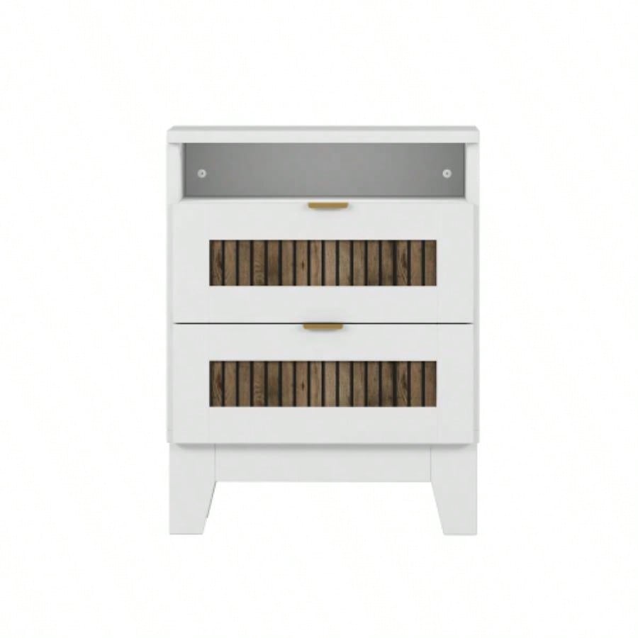 2 - Drawer Farmhouse Wooden Nightstand with Wooden Strip Stickers Decoration and Metal Handle, Wood Side Table with Storage Cabinet Bedroom, White