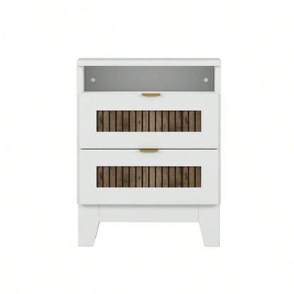 2 - Drawer Farmhouse Wooden Nightstand with Wooden Strip Stickers Decoration and Metal Handle, Wood Side Table with Storage Cabinet Bedroom, White