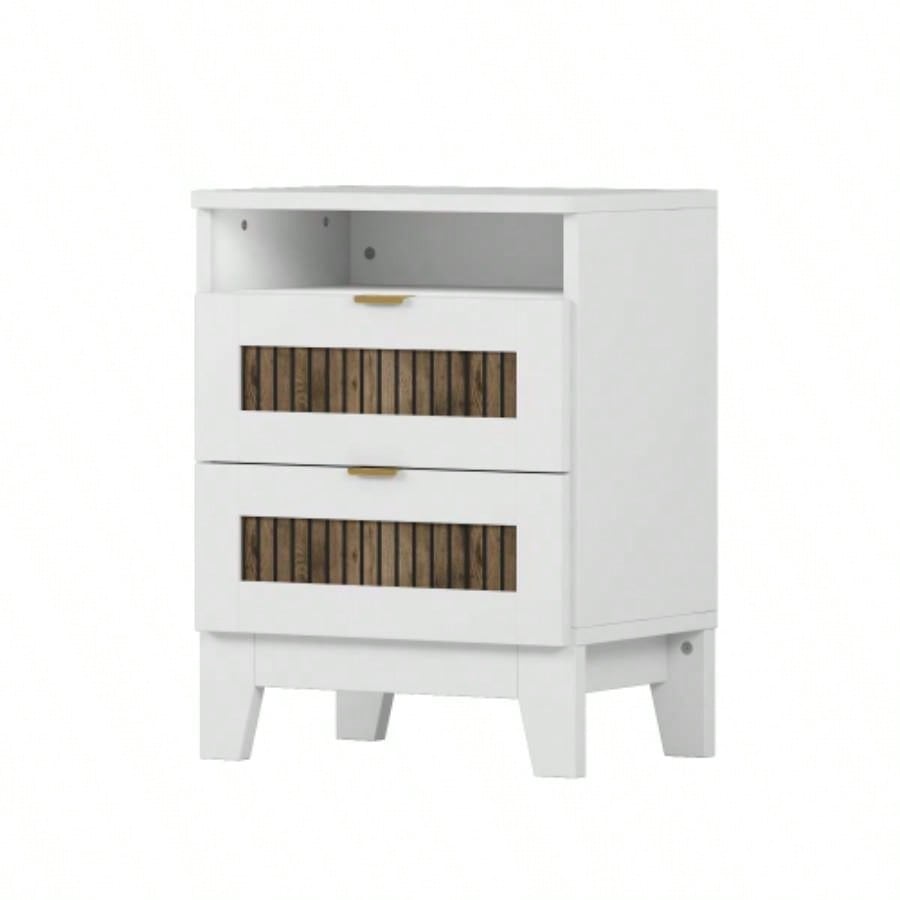 2 - Drawer Farmhouse Wooden Nightstand with Wooden Strip Stickers Decoration and Metal Handle, Wood Side Table with Storage Cabinet Bedroom, White