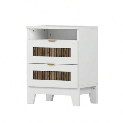2 - Drawer Farmhouse Wooden Nightstand with Wooden Strip Stickers Decoration and Metal Handle, Wood Side Table with Storage Cabinet Bedroom, White
