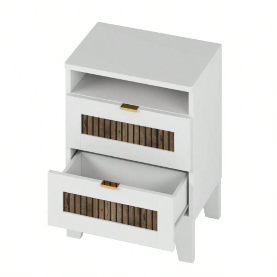 2 - Drawer Farmhouse Wooden Nightstand with Wooden Strip Stickers Decoration and Metal Handle, Wood Side Table with Storage Cabinet Bedroom, White