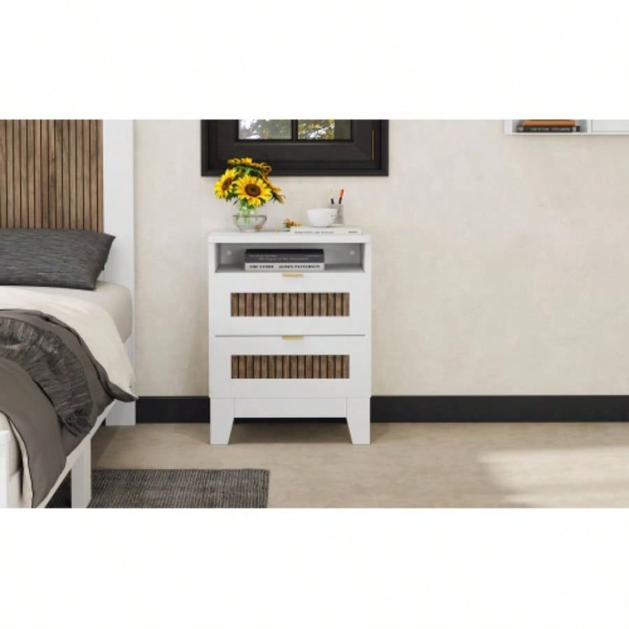 2 - Drawer Farmhouse Wooden Nightstand with Wooden Strip Stickers Decoration and Metal Handle, Wood Side Table with Storage Cabinet Bedroom, White