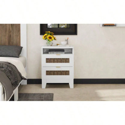 2 - Drawer Farmhouse Wooden Nightstand with Wooden Strip Stickers Decoration and Metal Handle, Wood Side Table with Storage Cabinet Bedroom, White