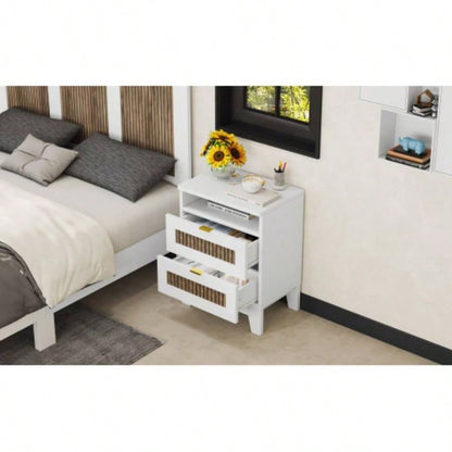 2 - Drawer Farmhouse Wooden Nightstand with Wooden Strip Stickers Decoration and Metal Handle, Wood Side Table with Storage Cabinet Bedroom, White
