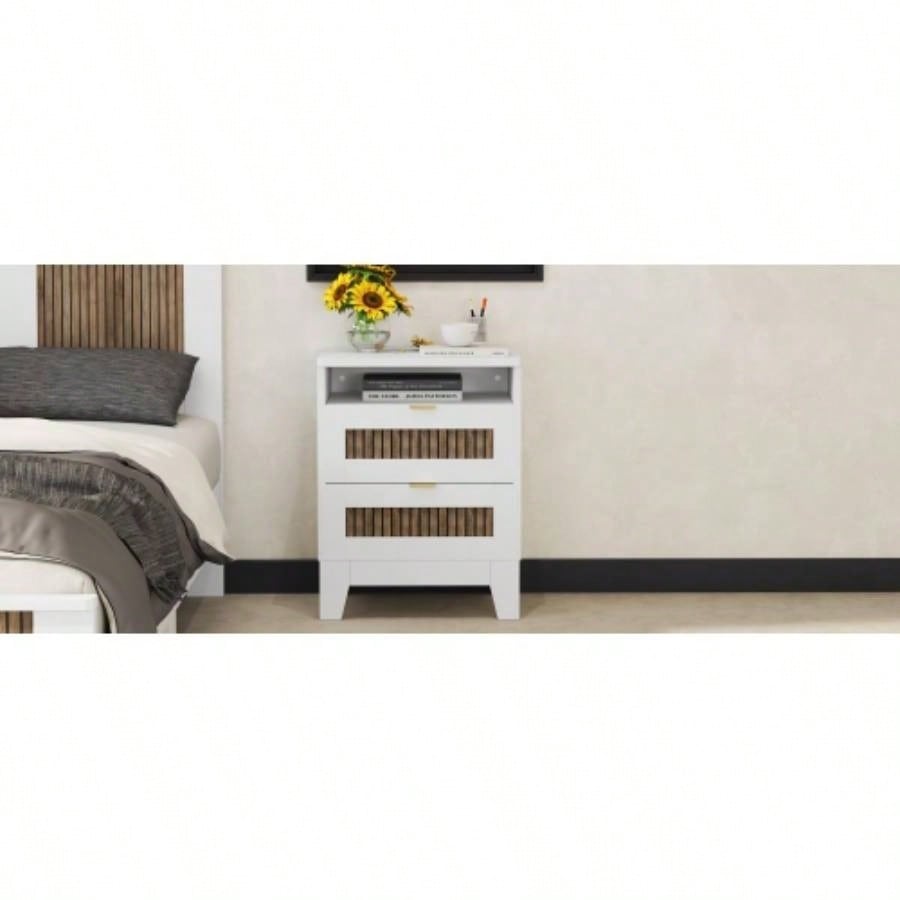 2 - Drawer Farmhouse Wooden Nightstand with Wooden Strip Stickers Decoration and Metal Handle, Wood Side Table with Storage Cabinet Bedroom, White