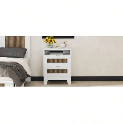 2 - Drawer Farmhouse Wooden Nightstand with Wooden Strip Stickers Decoration and Metal Handle, Wood Side Table with Storage Cabinet Bedroom, White