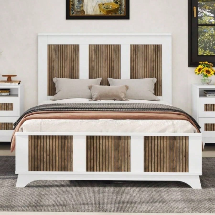 2 - Drawer Farmhouse Wooden Nightstand with Wooden Strip Stickers Decoration and Metal Handle, Wood Side Table with Storage Cabinet Bedroom, White