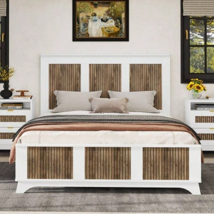 2 - Drawer Farmhouse Wooden Nightstand with Wooden Strip Stickers Decoration and Metal Handle, Wood Side Table with Storage Cabinet Bedroom, White