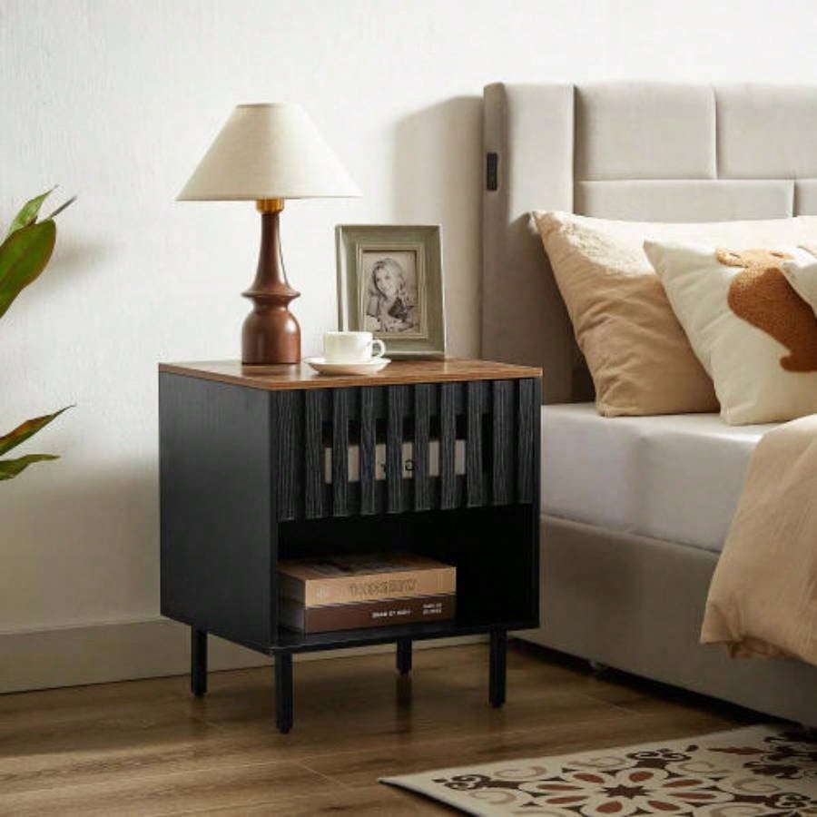 2 Set Nightstands with Grille Striped Doors, Mid Modern Nightstand, Bedside Table with Slatted Drawer Decor, End Tables Bedroom with Metal, Night Stand Bedroom