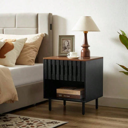 2 Set Nightstands with Grille Striped Doors, Mid Modern Nightstand, Bedside Table with Slatted Drawer Decor, End Tables Bedroom with Metal, Night Stand Bedroom