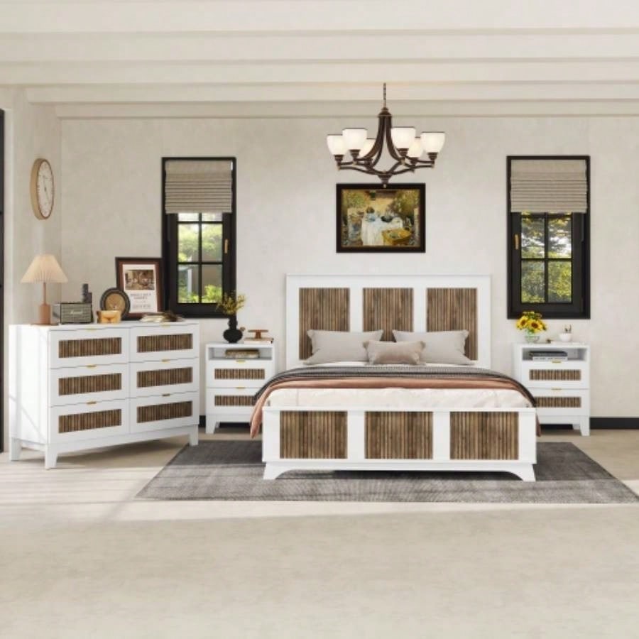 2 - Drawer Farmhouse Wooden Nightstand with Wooden Strip Stickers Decoration and Metal Handle, Wood Side Table with Storage Cabinet Bedroom, White