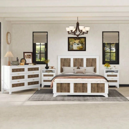 2 - Drawer Farmhouse Wooden Nightstand with Wooden Strip Stickers Decoration and Metal Handle, Wood Side Table with Storage Cabinet Bedroom, White