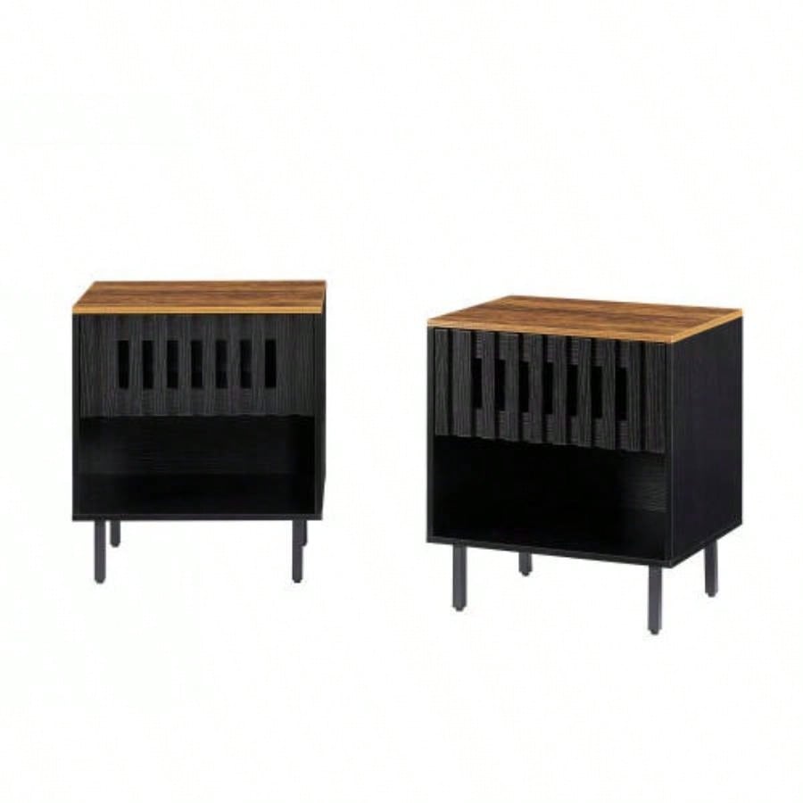 2 Set Nightstands with Grille Striped Doors, Mid Modern Nightstand, Bedside Table with Slatted Drawer Decor, End Tables Bedroom with Metal, Night Stand Bedroom