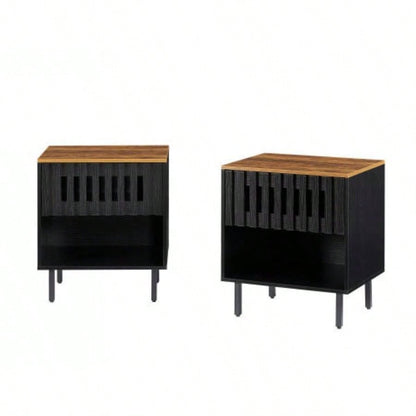 2 Set Nightstands with Grille Striped Doors, Mid Modern Nightstand, Bedside Table with Slatted Drawer Decor, End Tables Bedroom with Metal, Night Stand Bedroom