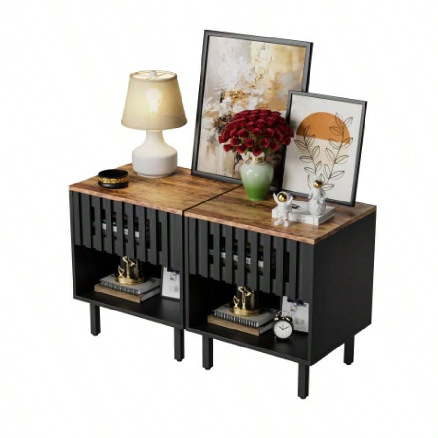 2 Set Nightstands with Grille Striped Doors, Mid Modern Nightstand, Bedside Table with Slatted Drawer Decor, End Tables Bedroom with Metal, Night Stand Bedroom
