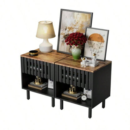 2 Set Nightstands with Grille Striped Doors, Mid Modern Nightstand, Bedside Table with Slatted Drawer Decor, End Tables Bedroom with Metal, Night Stand Bedroom