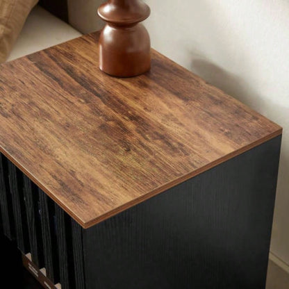 2 Set Nightstands with Grille Striped Doors, Mid Modern Nightstand, Bedside Table with Slatted Drawer Decor, End Tables Bedroom with Metal, Night Stand Bedroom