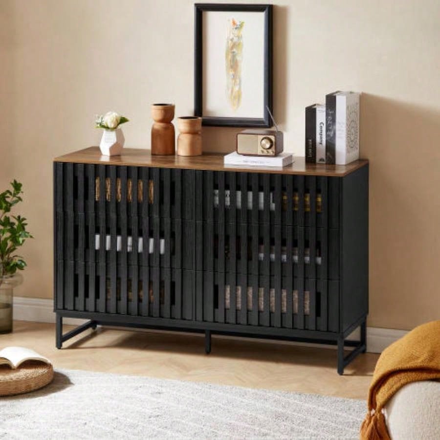 2 Set Nightstands with Grille Striped Doors, Mid Modern Nightstand, Bedside Table with Slatted Drawer Decor, End Tables Bedroom with Metal, Night Stand Bedroom