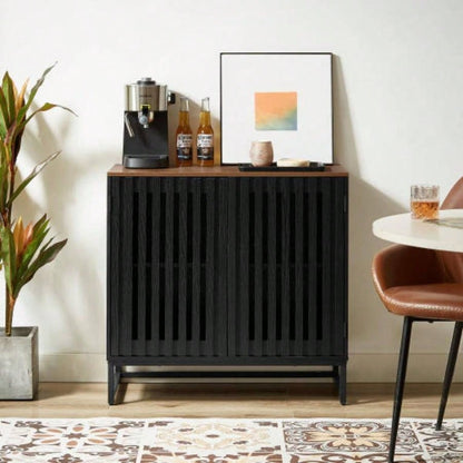 2 Set Nightstands with Grille Striped Doors, Mid Modern Nightstand, Bedside Table with Slatted Drawer Decor, End Tables Bedroom with Metal, Night Stand Bedroom