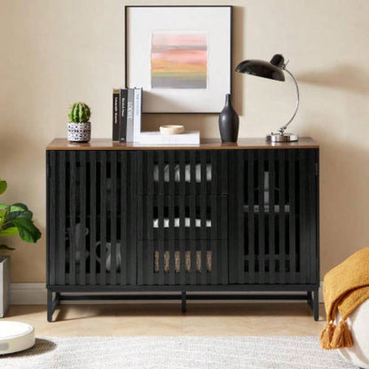 2 Set Nightstands with Grille Striped Doors, Mid Modern Nightstand, Bedside Table with Slatted Drawer Decor, End Tables Bedroom with Metal, Night Stand Bedroom