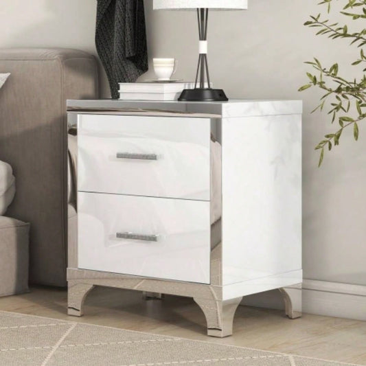 Elegant High Gloss Nightstand with Metal Handle, Mirrored Bedside Table with 2 Drawers Bedroom, Living Room, White