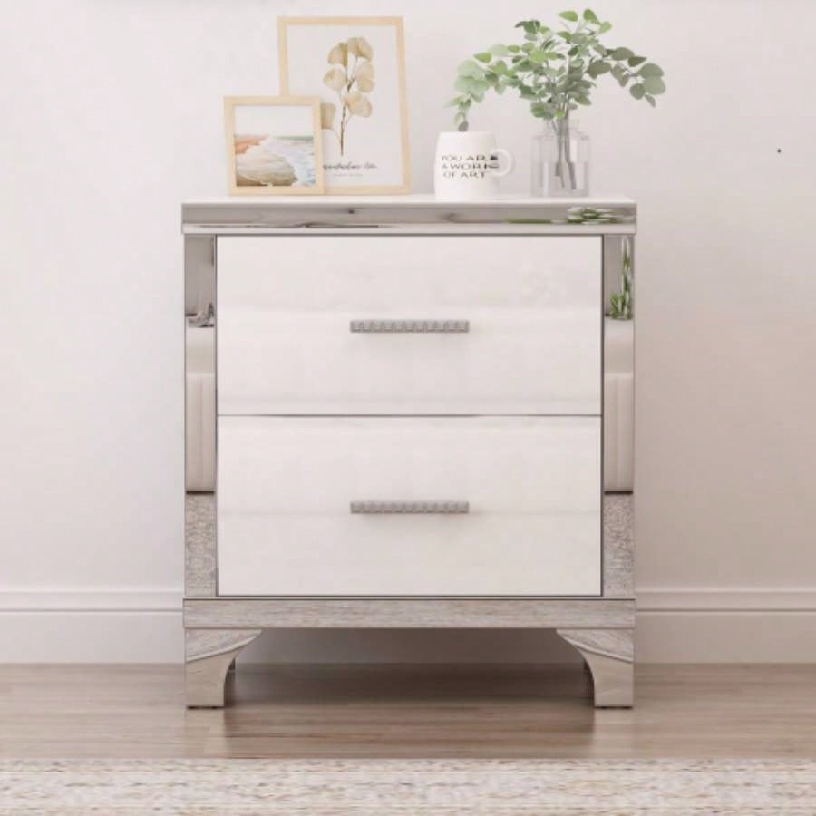 Elegant High Gloss Nightstand with Metal Handle, Mirrored Bedside Table with 2 Drawers Bedroom, Living Room, White