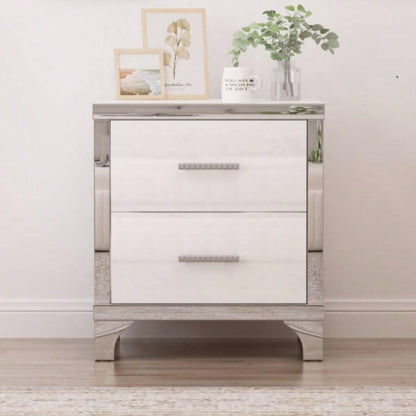 Elegant High Gloss Nightstand with Metal Handle, Mirrored Bedside Table with 2 Drawers Bedroom, Living Room, White