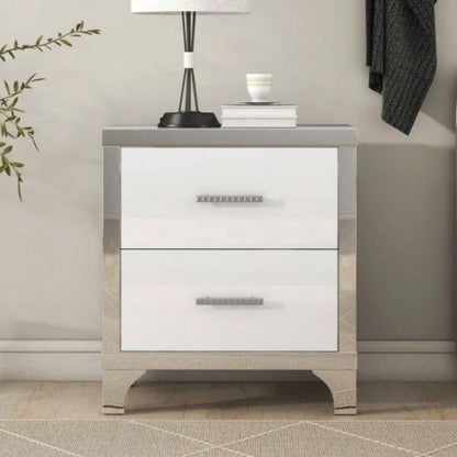 Elegant High Gloss Nightstand with Metal Handle, Mirrored Bedside Table with 2 Drawers Bedroom, Living Room, White