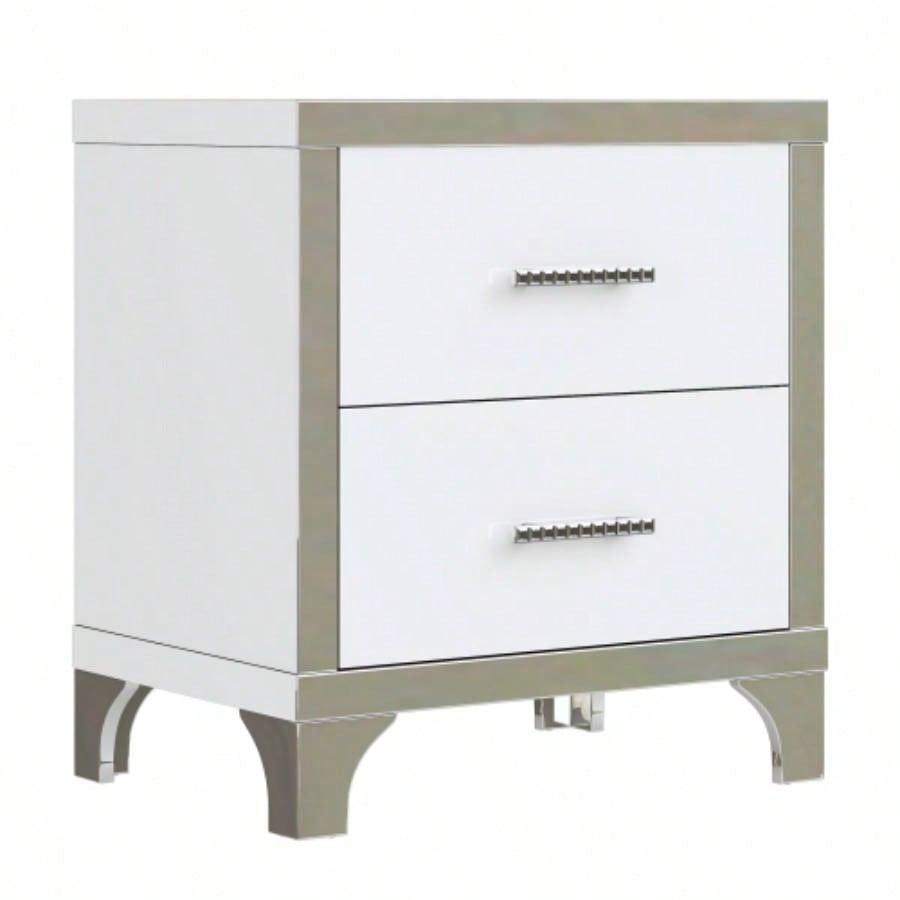 Elegant High Gloss Nightstand with Metal Handle, Mirrored Bedside Table with 2 Drawers Bedroom, Living Room, White
