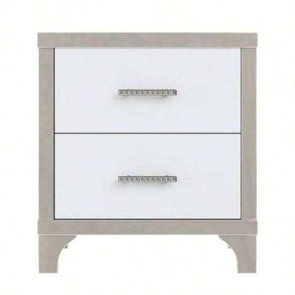 Elegant High Gloss Nightstand with Metal Handle, Mirrored Bedside Table with 2 Drawers Bedroom, Living Room, White