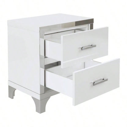 Elegant High Gloss Nightstand with Metal Handle, Mirrored Bedside Table with 2 Drawers Bedroom, Living Room, White