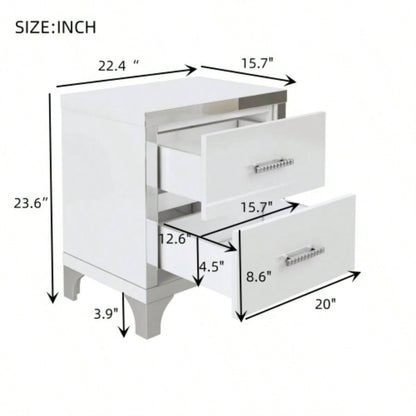 Elegant High Gloss Nightstand with Metal Handle, Mirrored Bedside Table with 2 Drawers Bedroom, Living Room, White