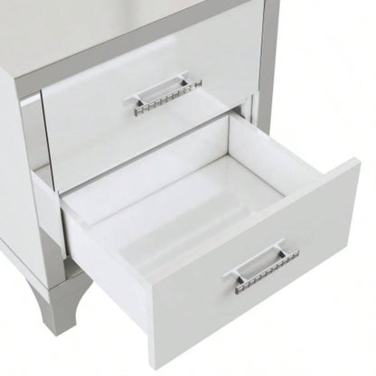 Elegant High Gloss Nightstand with Metal Handle, Mirrored Bedside Table with 2 Drawers Bedroom, Living Room, White