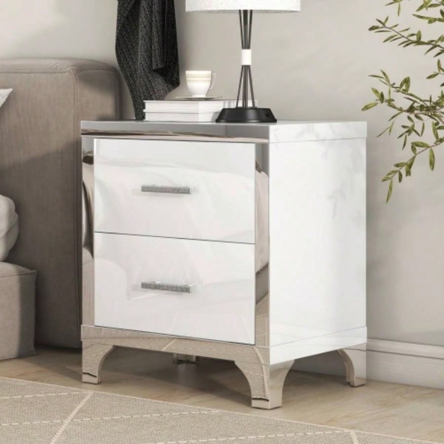 Elegant High Gloss Nightstand with Metal Handle, Mirrored Bedside Table with 2 Drawers Bedroom, Living Room, White