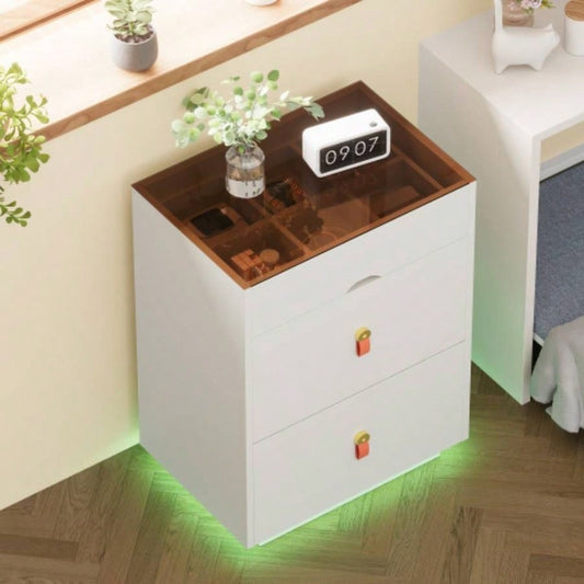 3 - Drawer 30 Nightstand with LED Light, Modern Nightstand with 3 Storage Drawers, Bedside Table with Glass Top Jewelry Storage and Faux Leather Handles Bedroom, Livingroom, Cloakroom, White