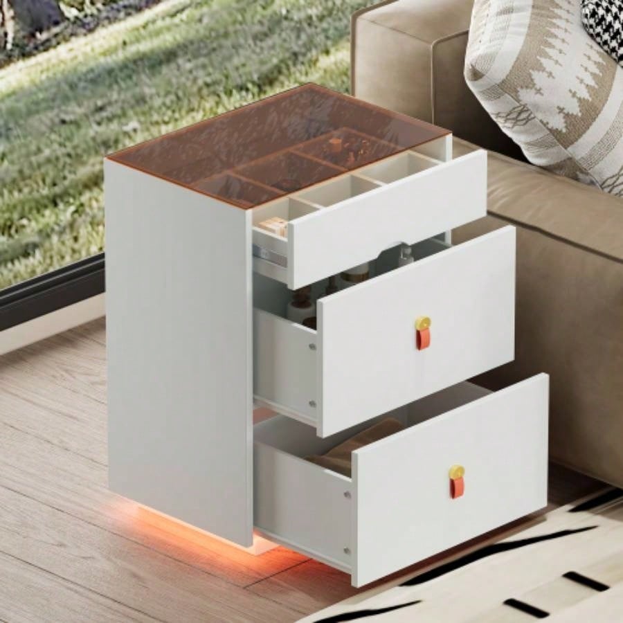 3 - Drawer 30 Nightstand with LED Light, Modern Nightstand with 3 Storage Drawers, Bedside Table with Glass Top Jewelry Storage and Faux Leather Handles Bedroom, Livingroom, Cloakroom, White