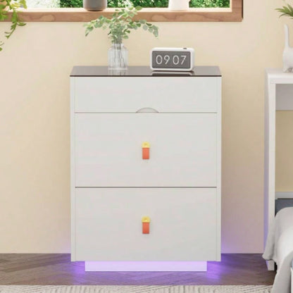 3 - Drawer 30 Nightstand with LED Light, Modern Nightstand with 3 Storage Drawers, Bedside Table with Glass Top Jewelry Storage and Faux Leather Handles Bedroom, Livingroom, Cloakroom, White
