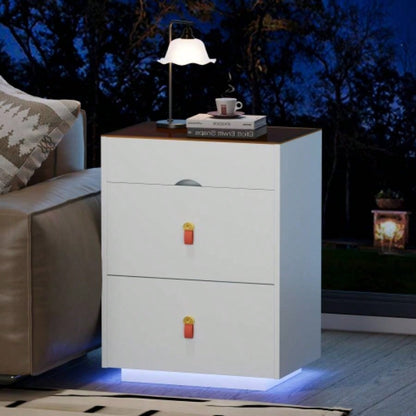3 - Drawer 30 Nightstand with LED Light, Modern Nightstand with 3 Storage Drawers, Bedside Table with Glass Top Jewelry Storage and Faux Leather Handles Bedroom, Livingroom, Cloakroom, White