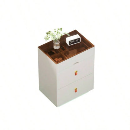 3 - Drawer 30 Nightstand with LED Light, Modern Nightstand with 3 Storage Drawers, Bedside Table with Glass Top Jewelry Storage and Faux Leather Handles Bedroom, Livingroom, Cloakroom, White