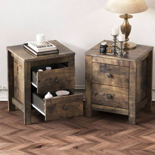 Farmhouse Wooden Nightstand Set of 2 with Retro Design, Wood Side Table with Storage Cabinet Bedroom, Antique Walnut